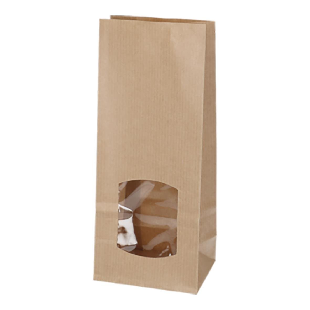 Brun papperspåse med fönster och ribbad yta, storlek 80x50x190mm