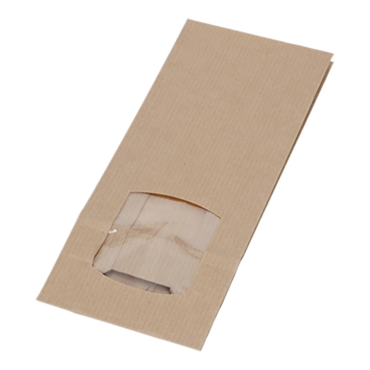 Brun papperspåse med fönster, mått 80x50x190mm, ribbad design