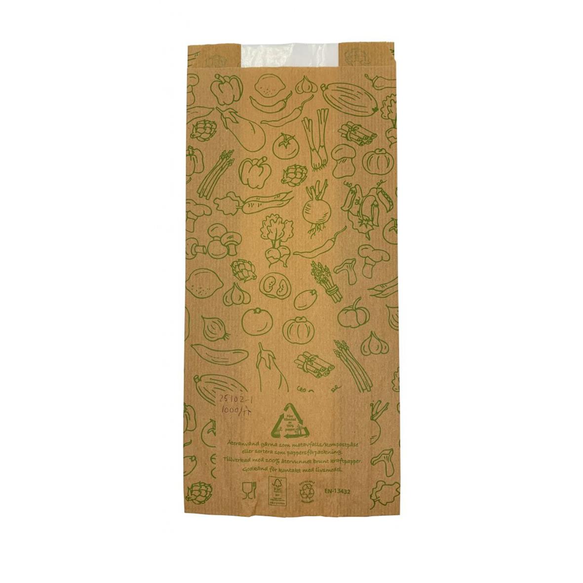 Papperspåse med fönster för frukt och grönt, storlek 150x80x330mm, med gröna illustrationsmönster av grönsaker och frukt.