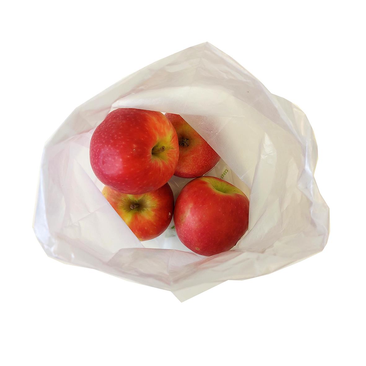 Papperspåse Eco Transparent 150x80x330mm med fyra äpplen inuti