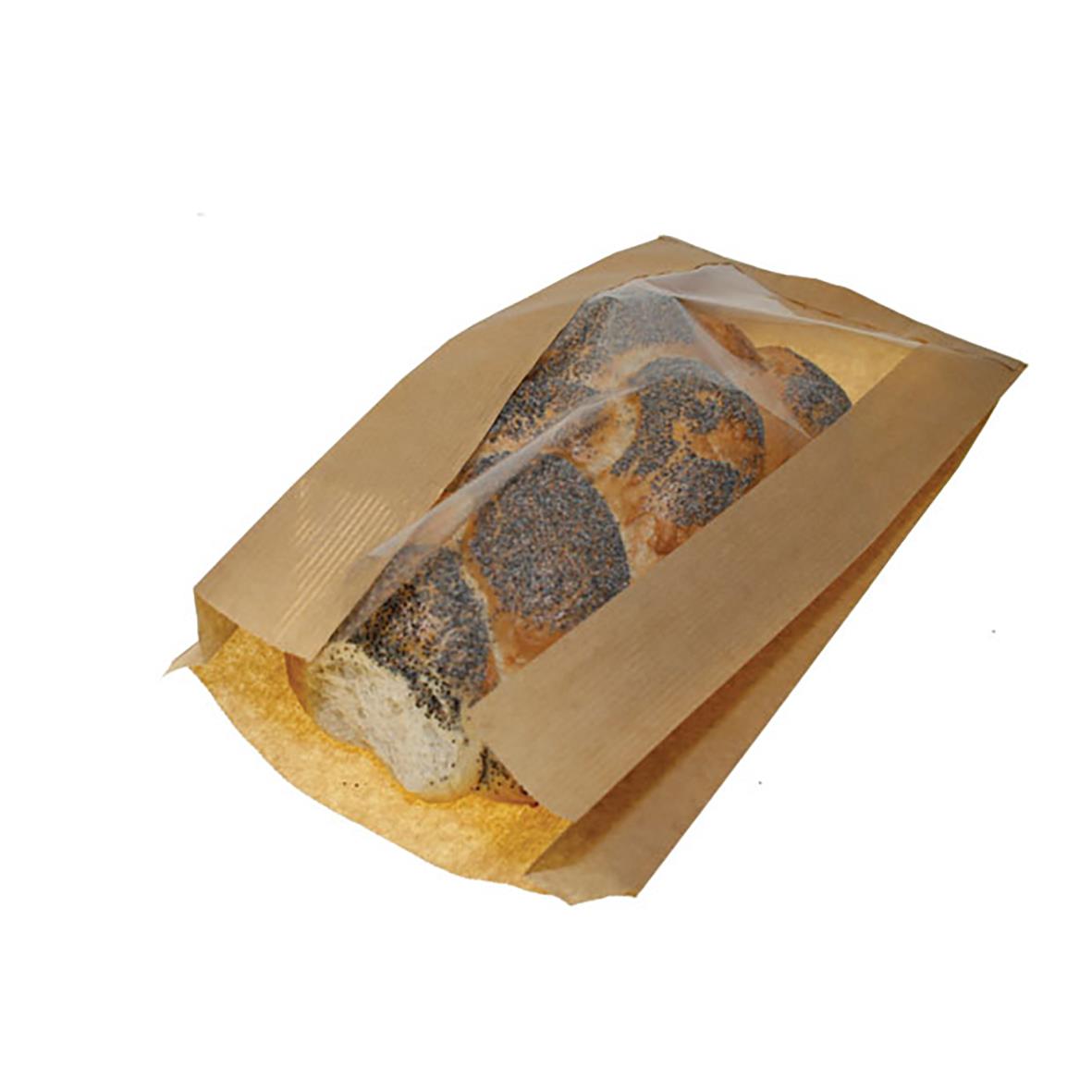 Brun papperspåse med fönster och bröd inuti, mått 270x75x450mm