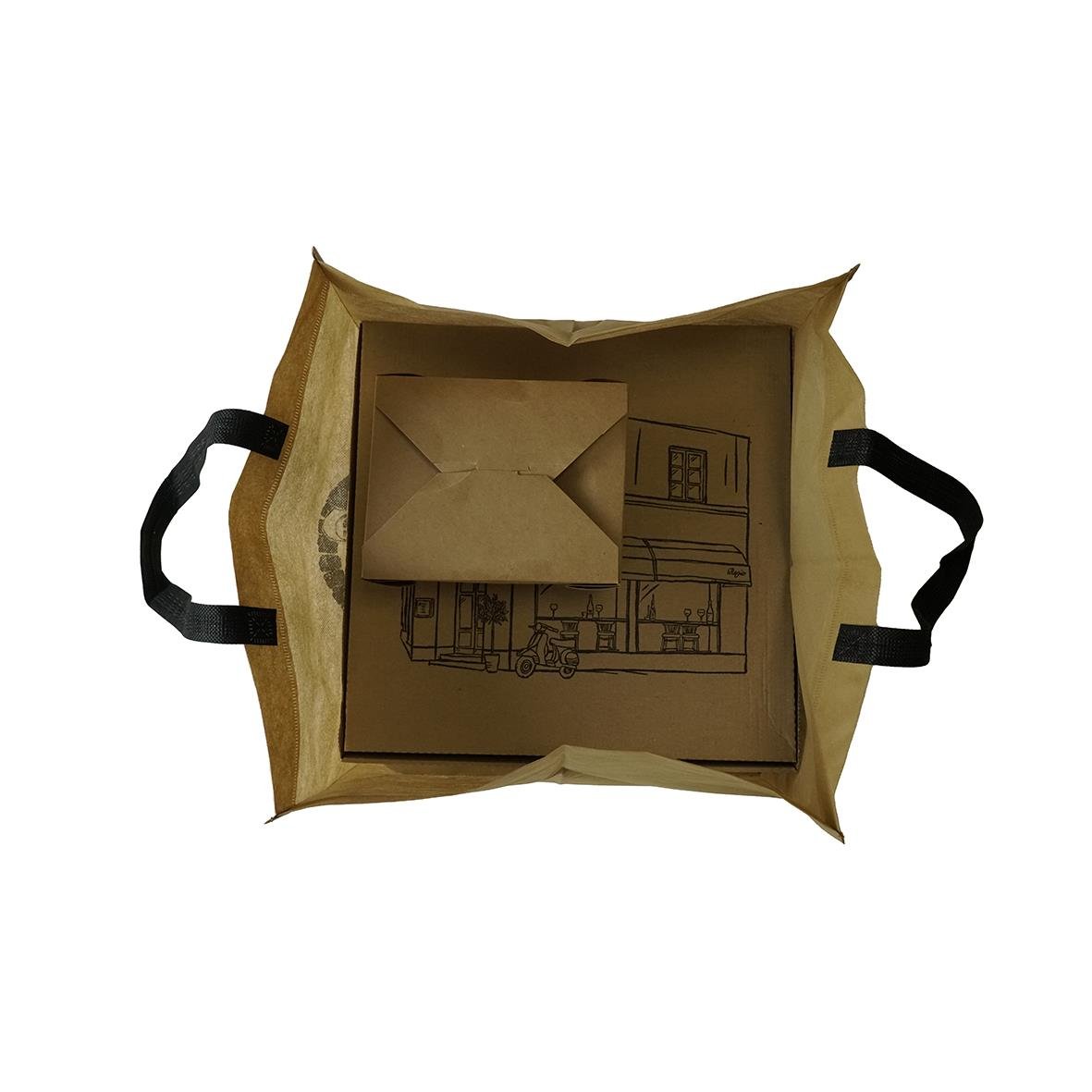 Pizzabärkasse i non-woven material med handtag, 365/355x300mm, visar en illustration av en pizzeria inuti