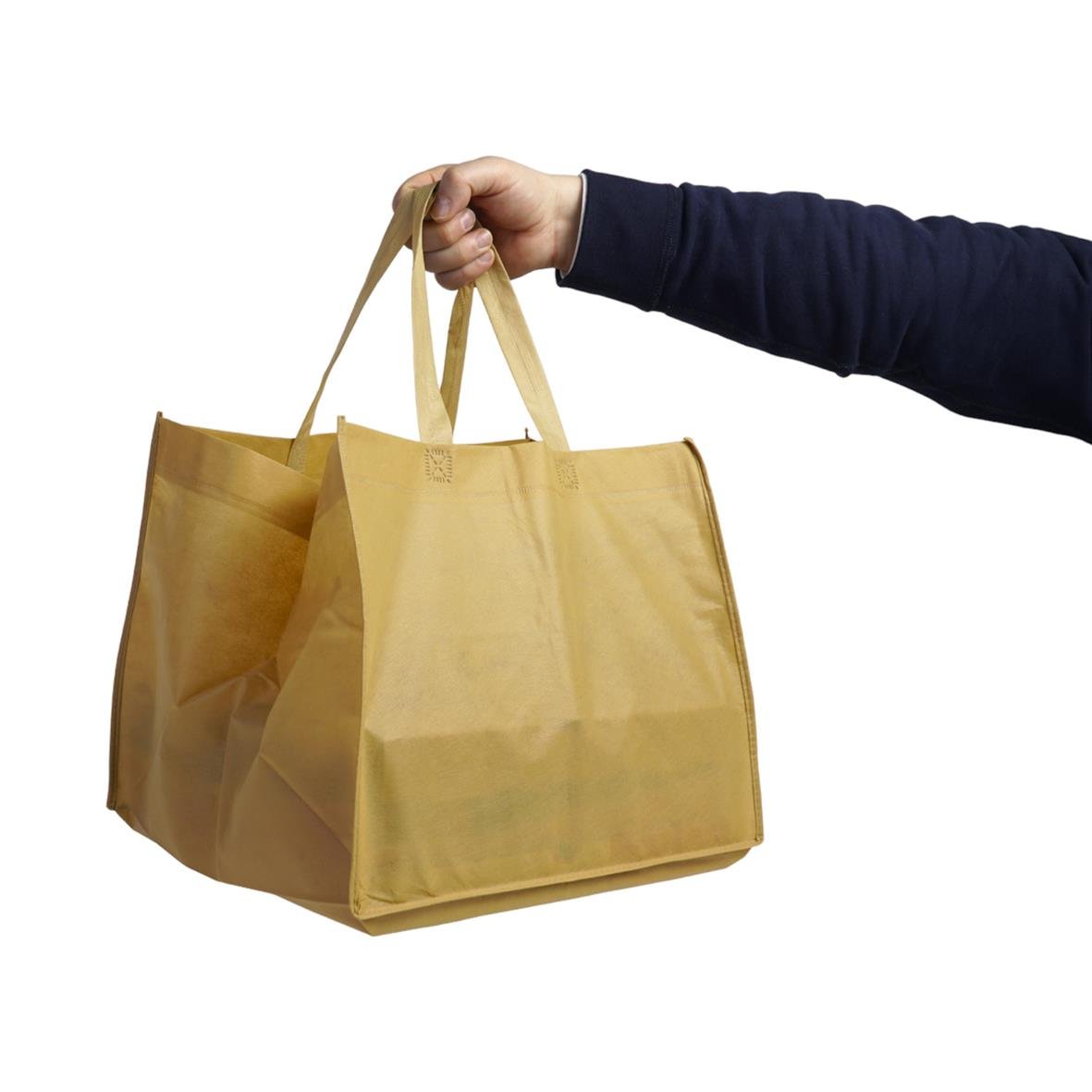 Gul flergångskasse i non-woven material med handtag, storlek 365x300mm, hållbar och återanvändbar