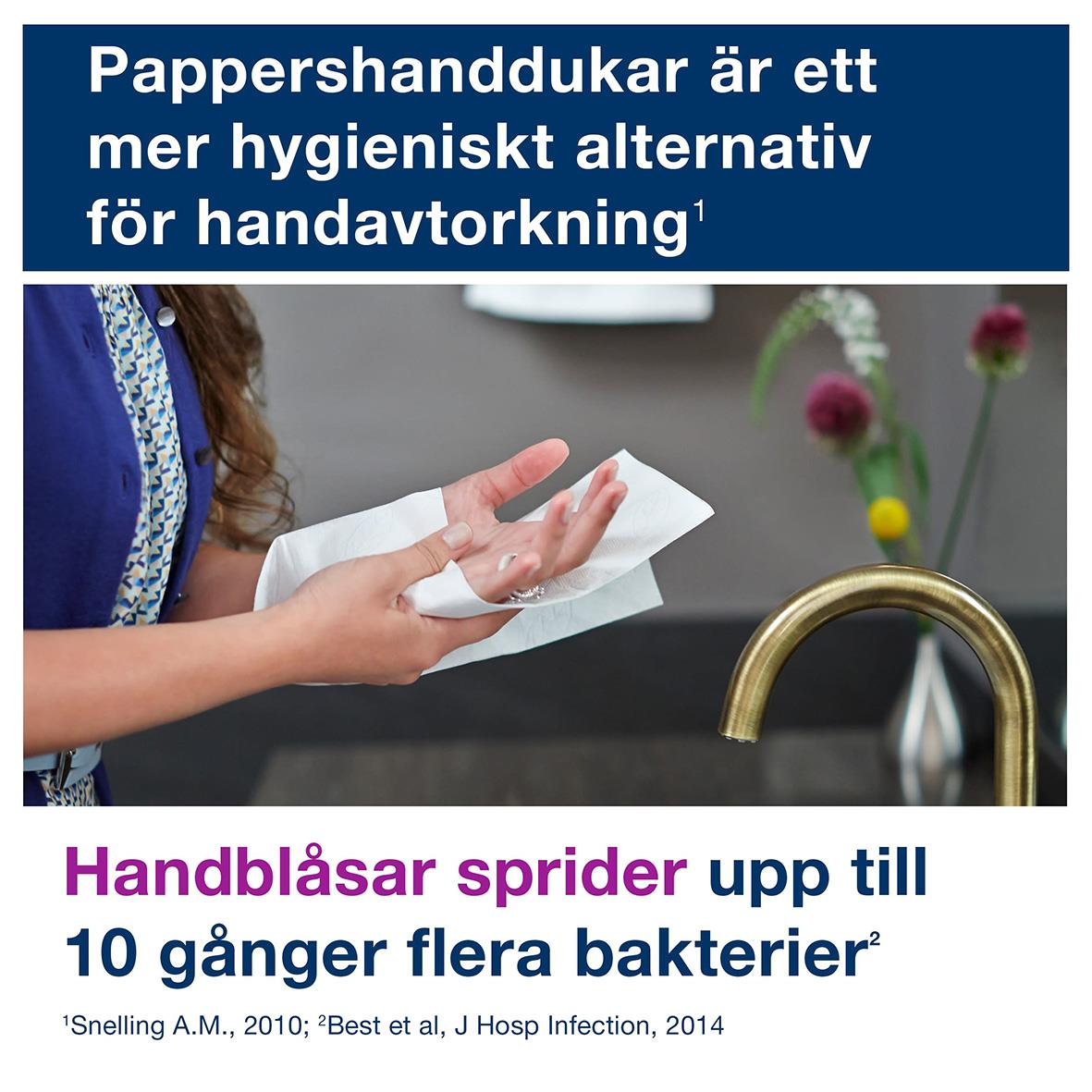 Person använder pappershandduk för handtorkning i kök, text om hygieniska fördelar och antibakteriell effekt