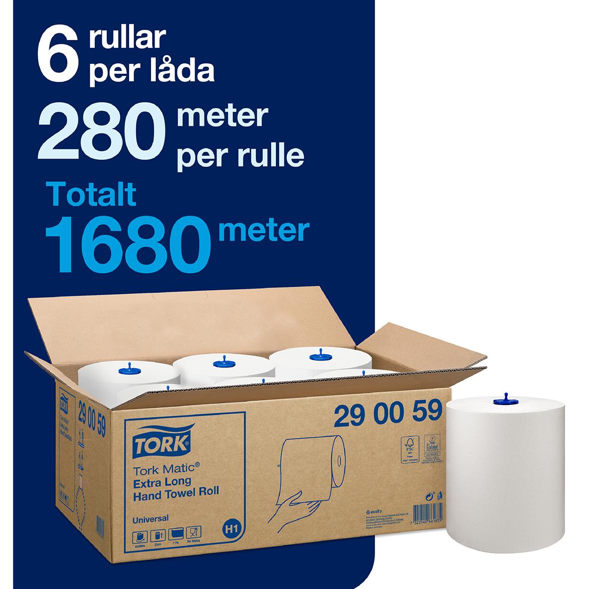 Pappershandduk Tork Matic Uni 1-lg 210mm x 280m i förpackning med 6 rullar