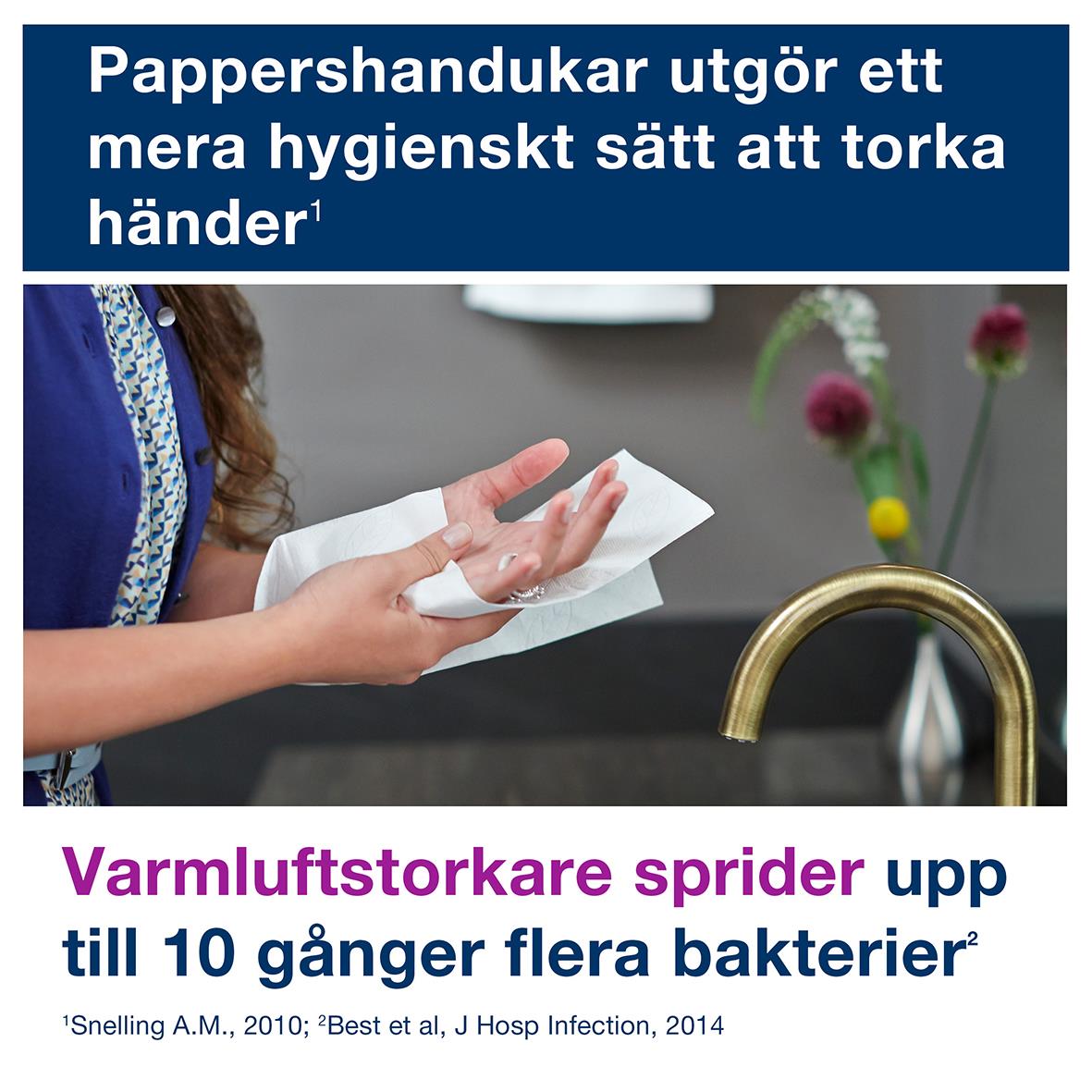 Person torkar händer med pappershandduk i kök, text om hygien och bakterier
