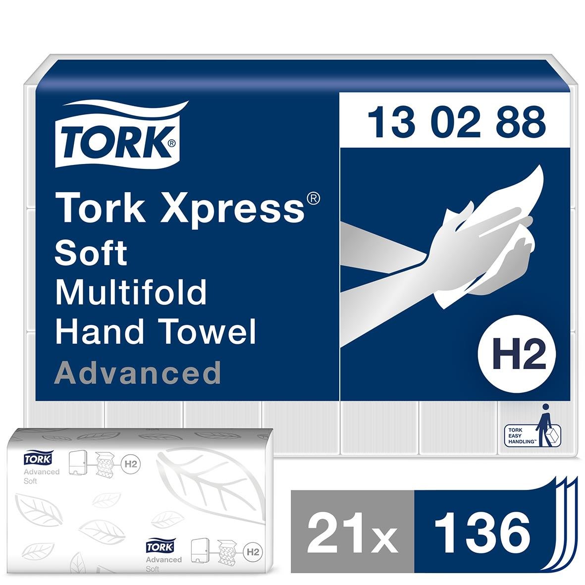 Förpackning med 21 handdukar av papper, Tork Xpress Soft Multifold H2, 213x320mm, för handtorkning
