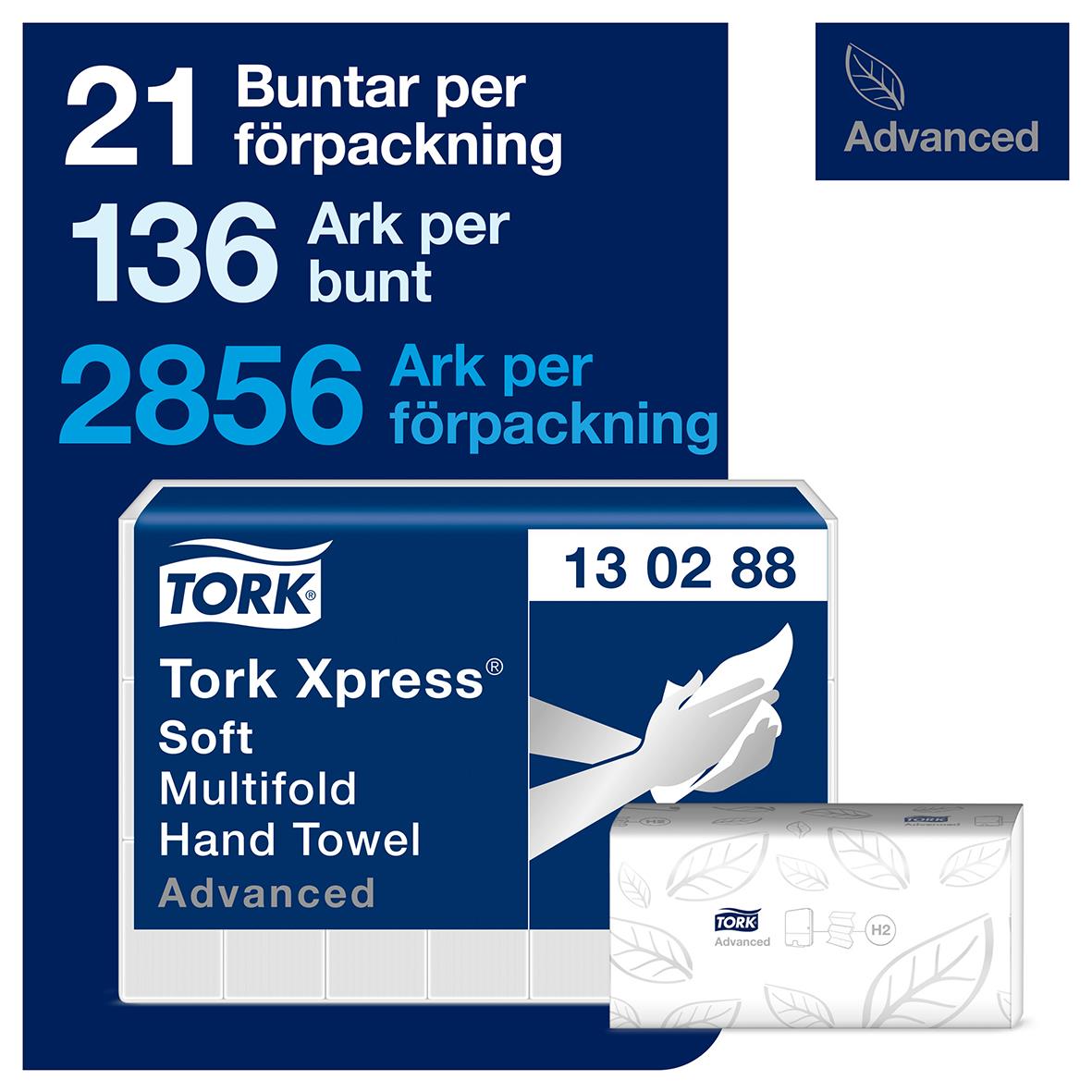 Förpackning av Tork Xpress Soft Multifold Handduk 213x320mm, 21 buntar, 136 ark per bunt, 2856 ark totalt