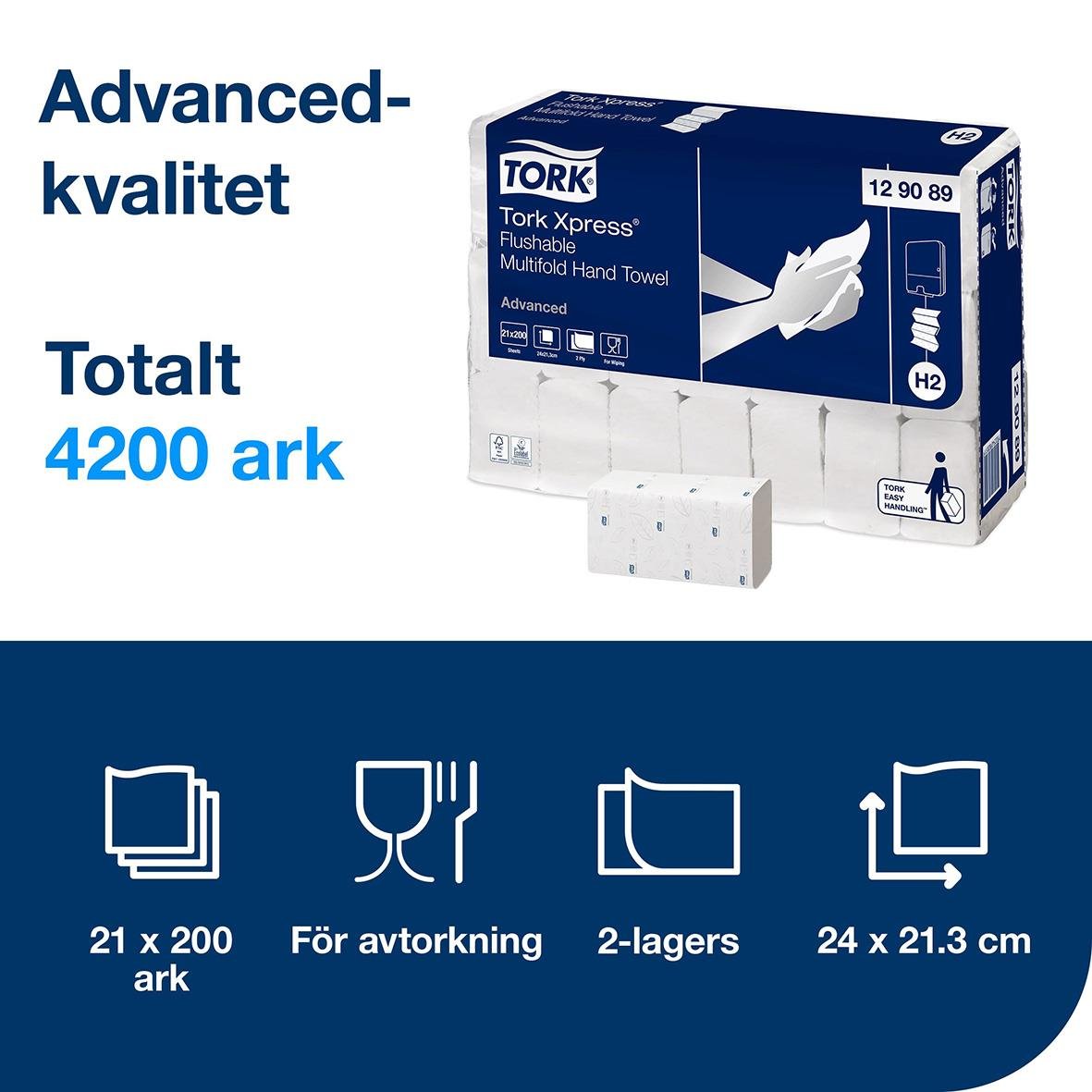 Pappershandduk Tork Xpress H2 Adv 2-lags, 213x240mm, 4200 ark, för avtorkning, 2-lagers, 21x200 ark
