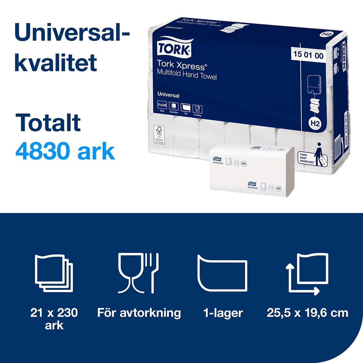 Pappershandduk Tork H2 Uni 1-lg 196x255mm i förpackning med ikon för ark och för avtorkning