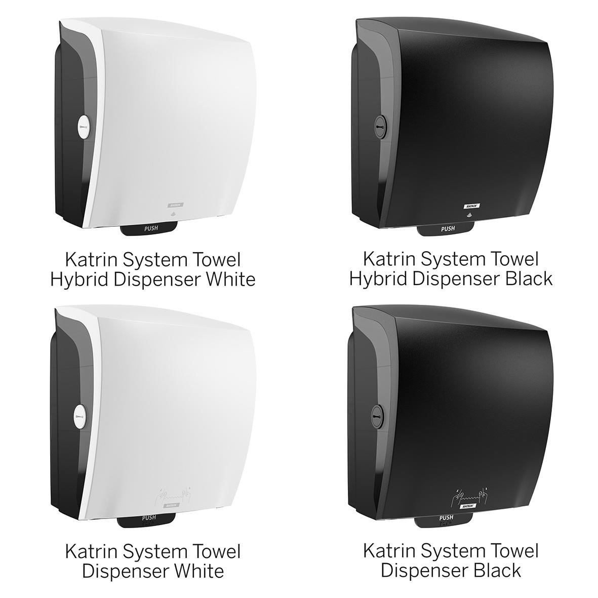 Två Katrin System handduksdispenser i vitt och svart, väggmonterade