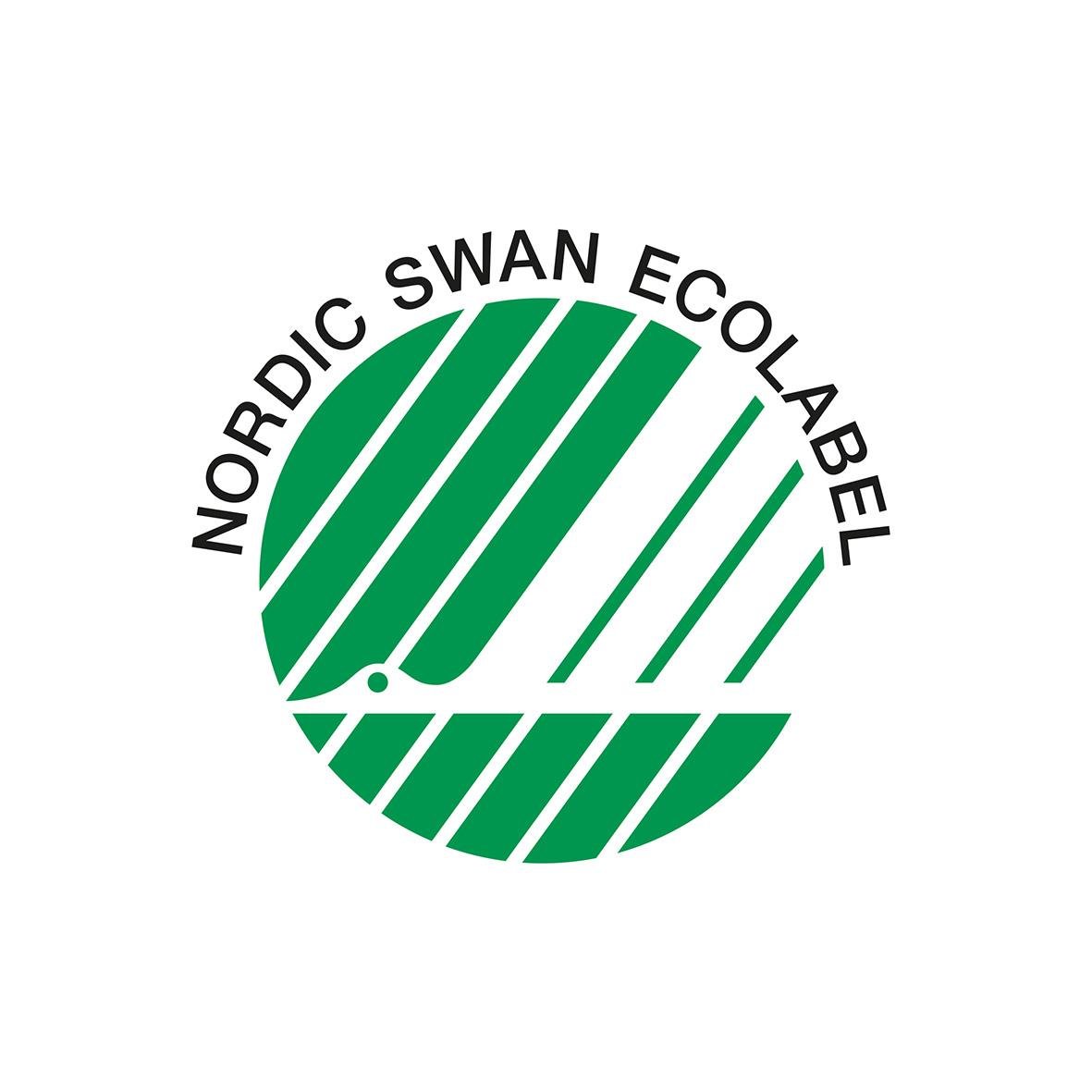 Nordic Swan Ecolabel logo med gröna och vita linjer i en cirkel