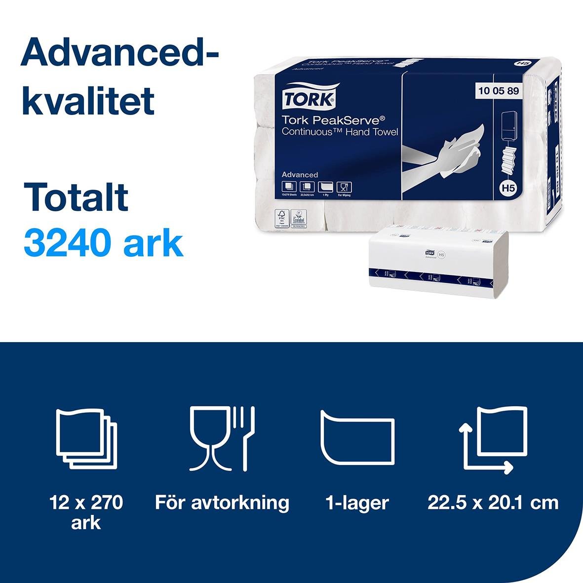 Pappershandduk Tork PeakServe Adv 201x225mm, 3240 ark, 12x270 ark, för avtorkning, 1-lager, 22.5x20.1 cm