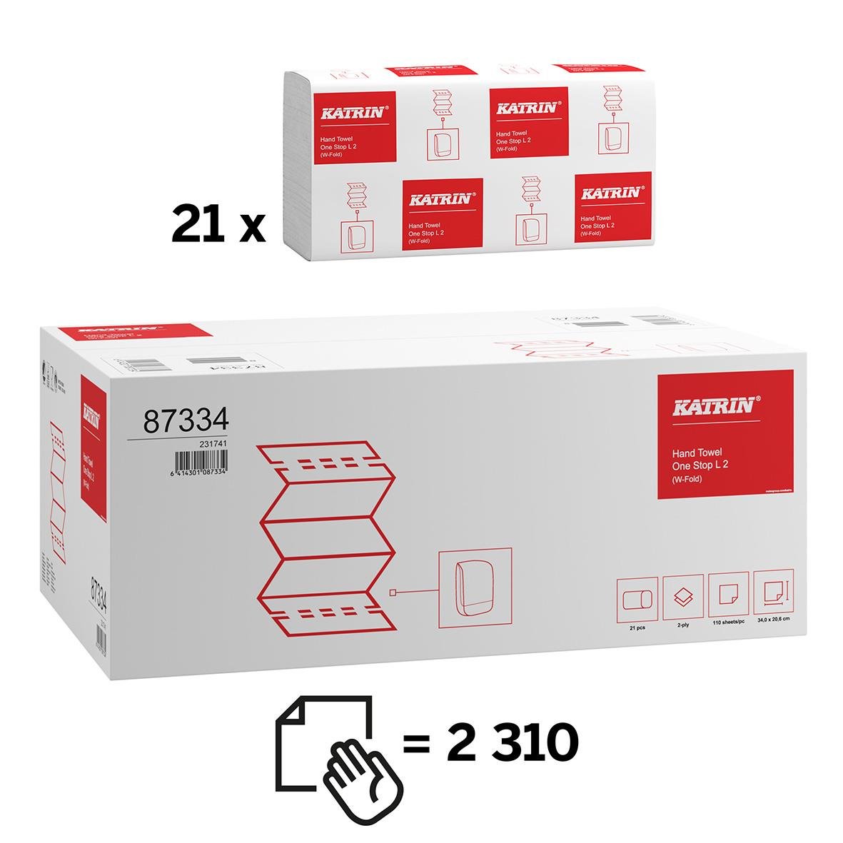 Pappershanddukar Katrin W One Stop L 2-lg 206x340mm, 21 paket, totalt 2310 handdukar