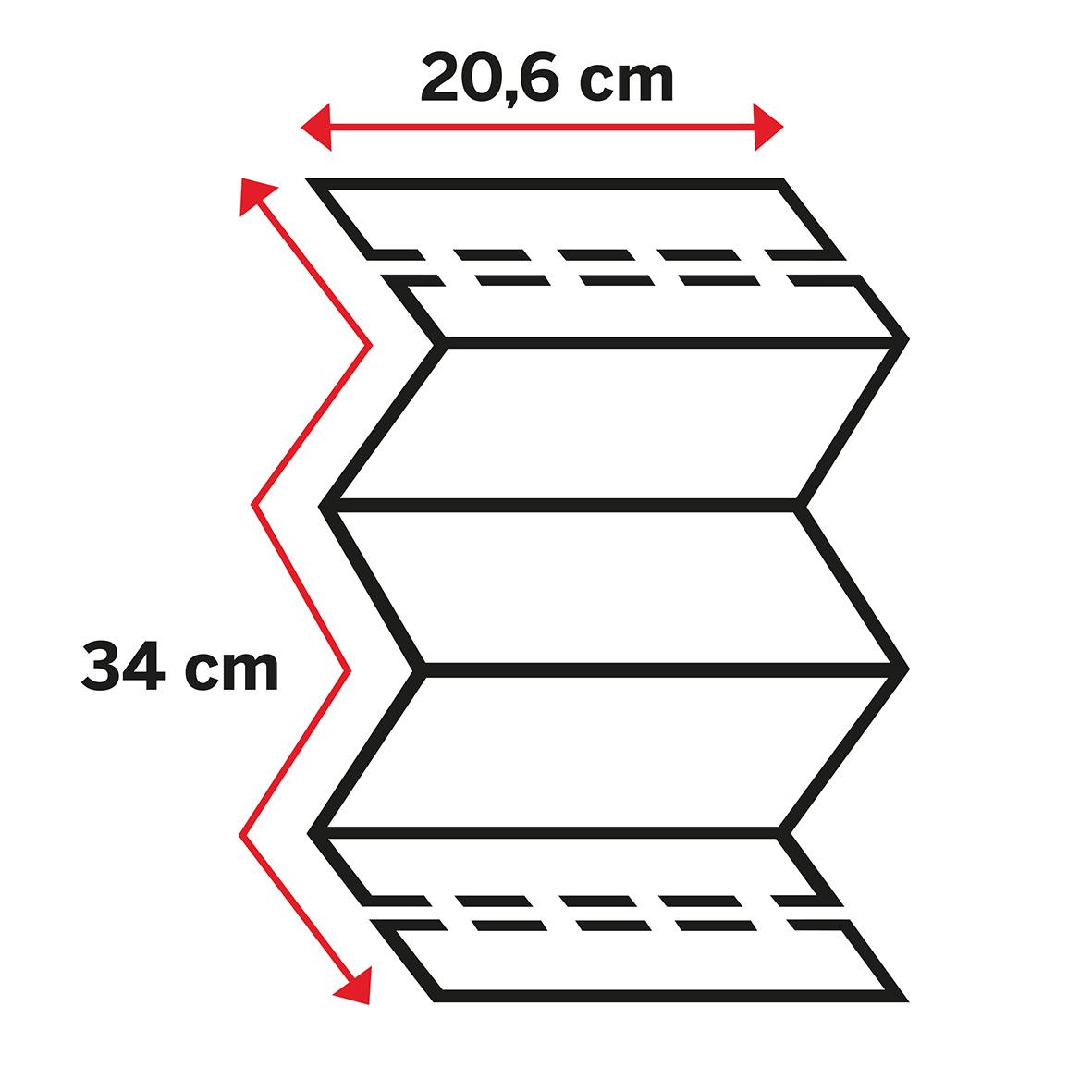Illustration av en pappershandduk med måtten 20,6 cm bred och 34 cm lång, vikbar i tre sektioner