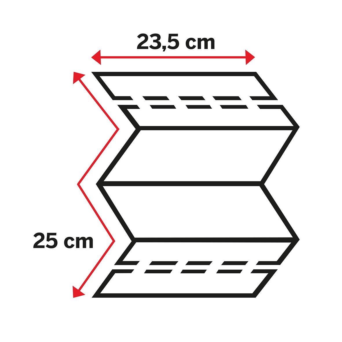 Illustration av en pappershandduk Katrin Z-Fold M Plus 2-lg 235x250mm med mått på 23,5 cm bredd och 25 cm höjd