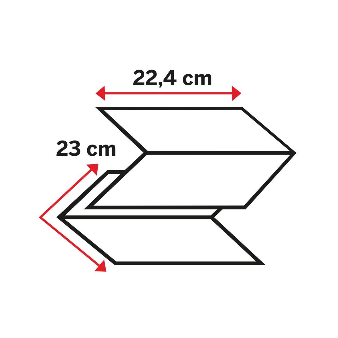 Illustration av en pappershandduk med måtten 22,4 cm x 23 cm, visar zigzag-mönster och storlek