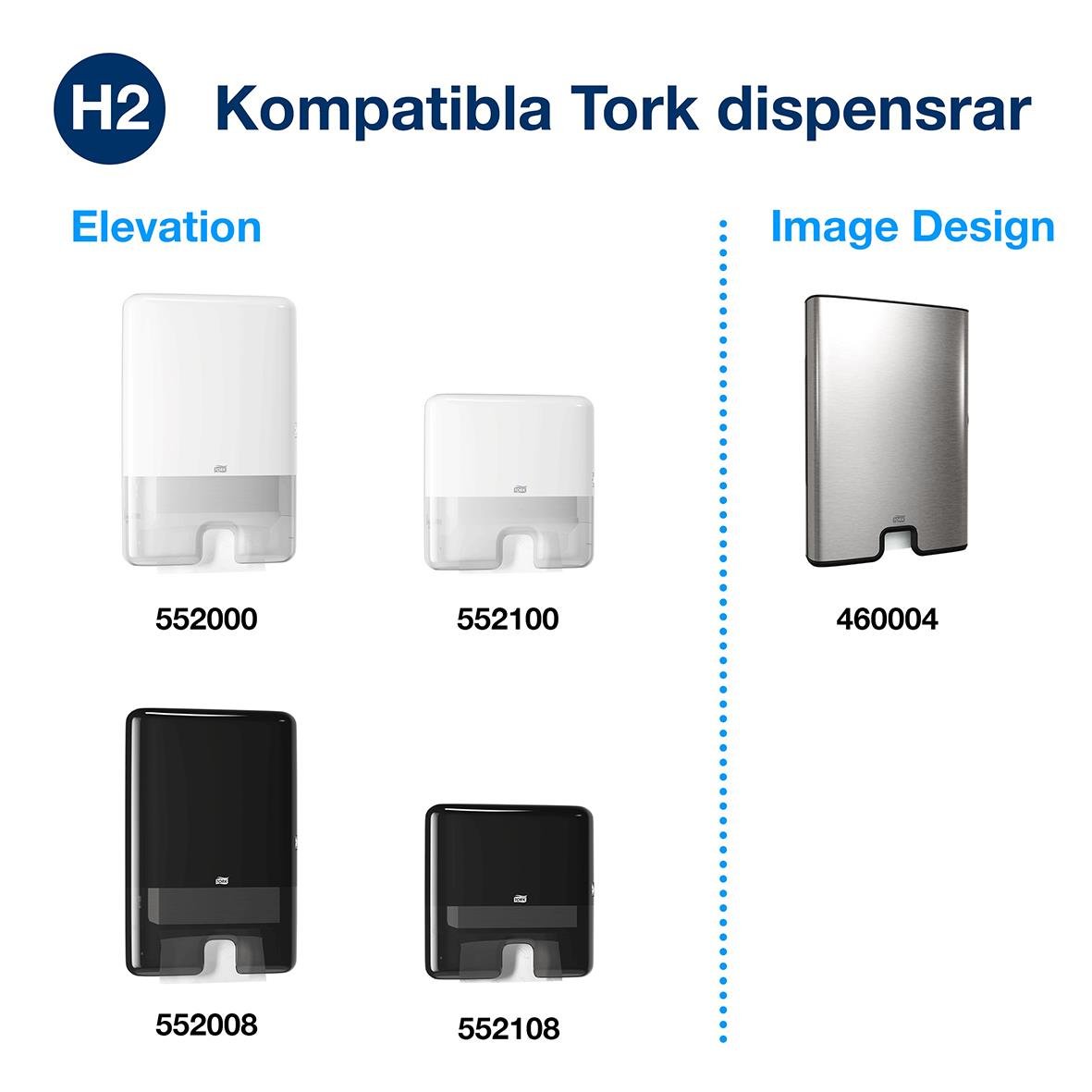 Pappershandduk Tork H2 Komprimerad Prem 2-lg 212x320mm visar olika dispensermodeller i vitt och svart