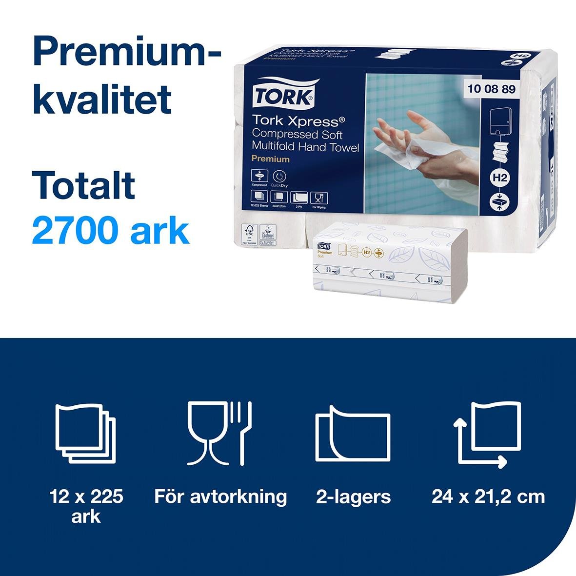 Förpackning med komprimerade pappershanddukar Tork Xpress H2, 12 x 225 ark, 2-lagers, 24x21,2 cm