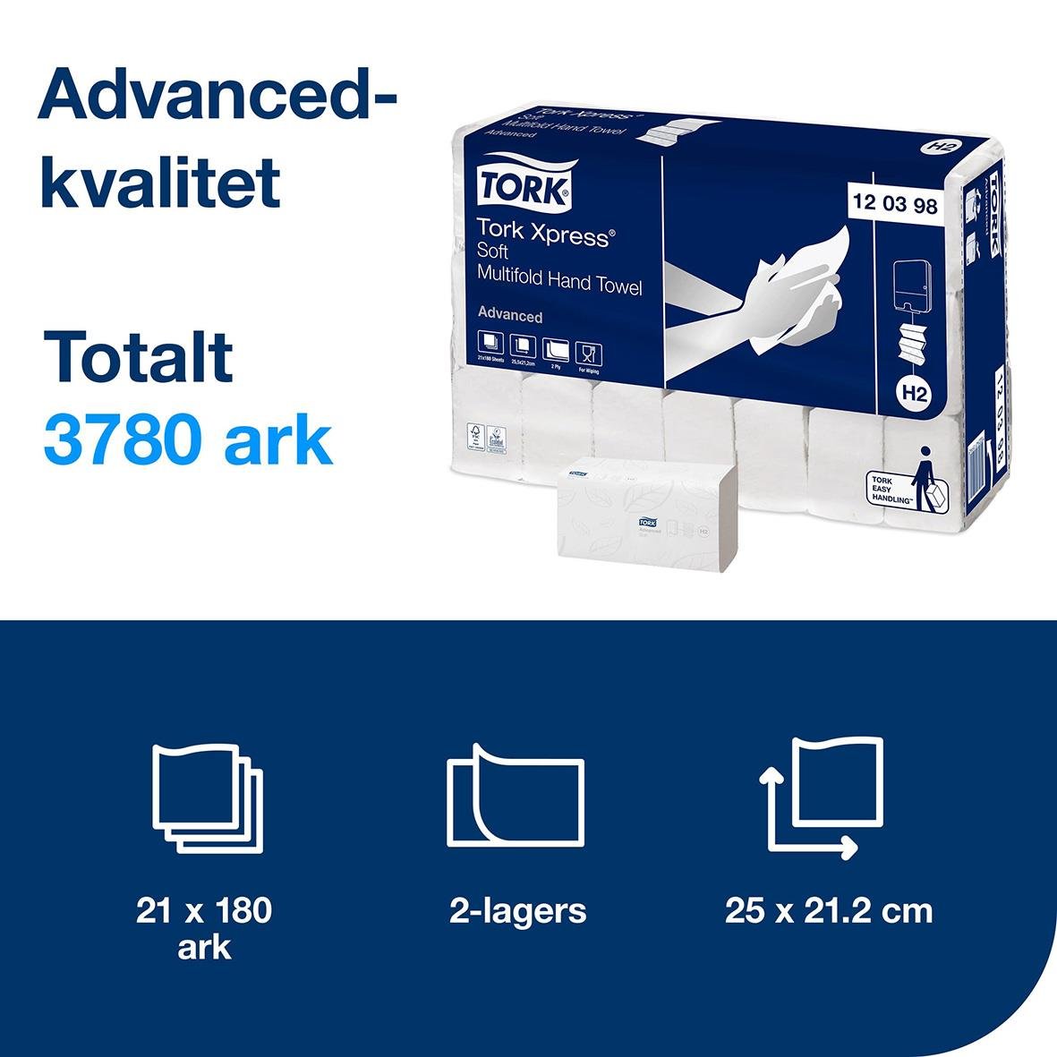 Förpackning med Tork Express mjuka pappershanddukar, 2-lager, 21x180 ark, 25x21.2 cm, 3780 ark totalt