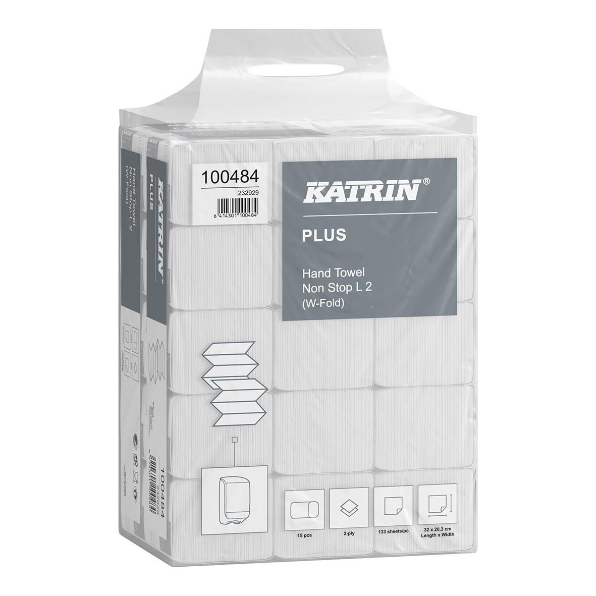 Förpackning med handdukar av märket KATRIN PLUS, icke-slutande, W-fold, i plastpåse