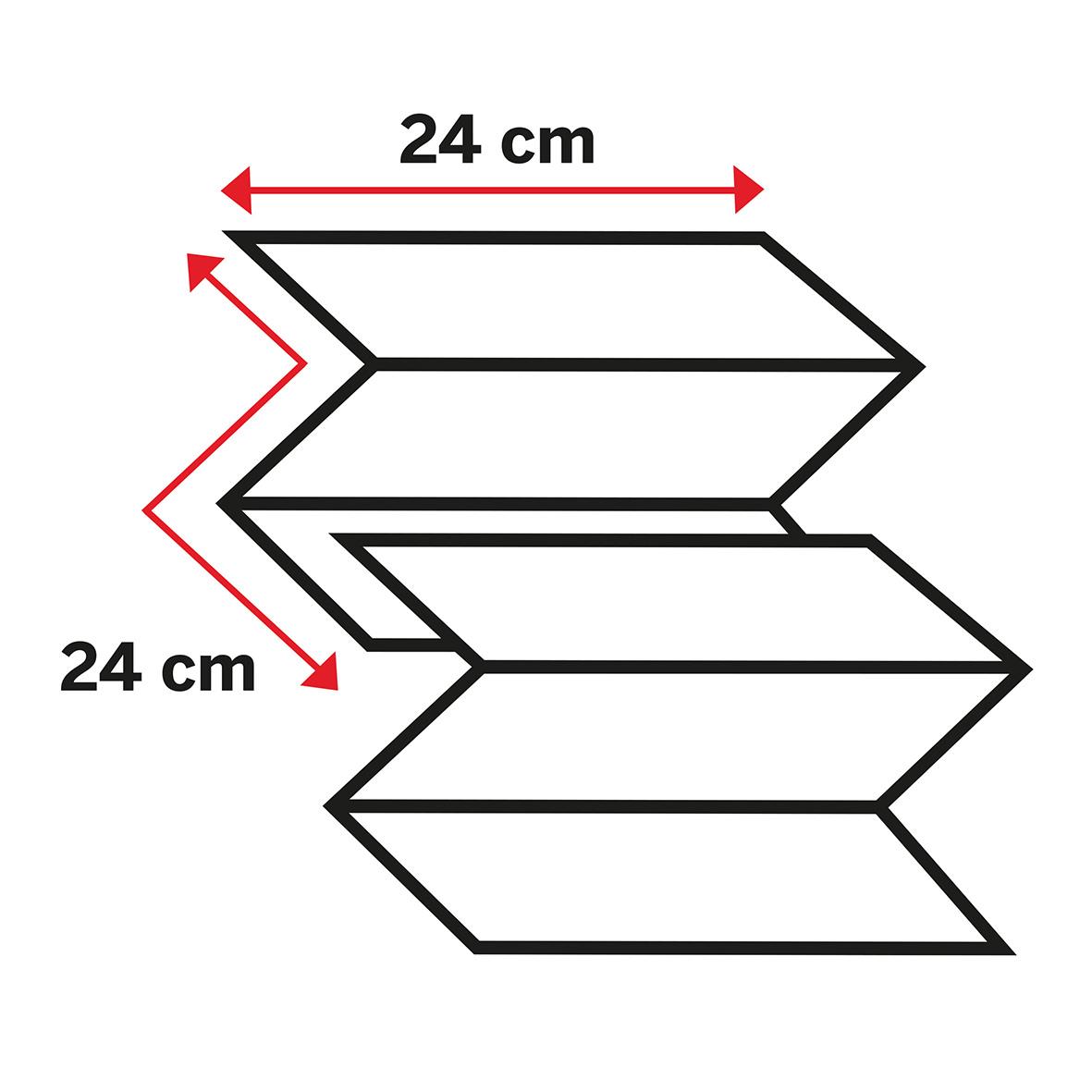 Tredimensionell ritning av en form med 24 cm längd och bredd, med tre lager och pilar som visar måtten