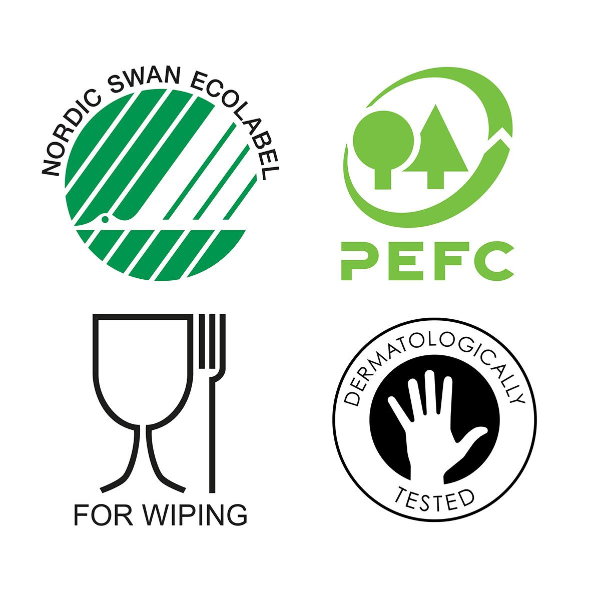 Logotyper för ekologiskt och dermatologiskt testat produkter, inklusive Nordic Swan Ecolabel, PEFC, för Wiping och dermatologiskt testad