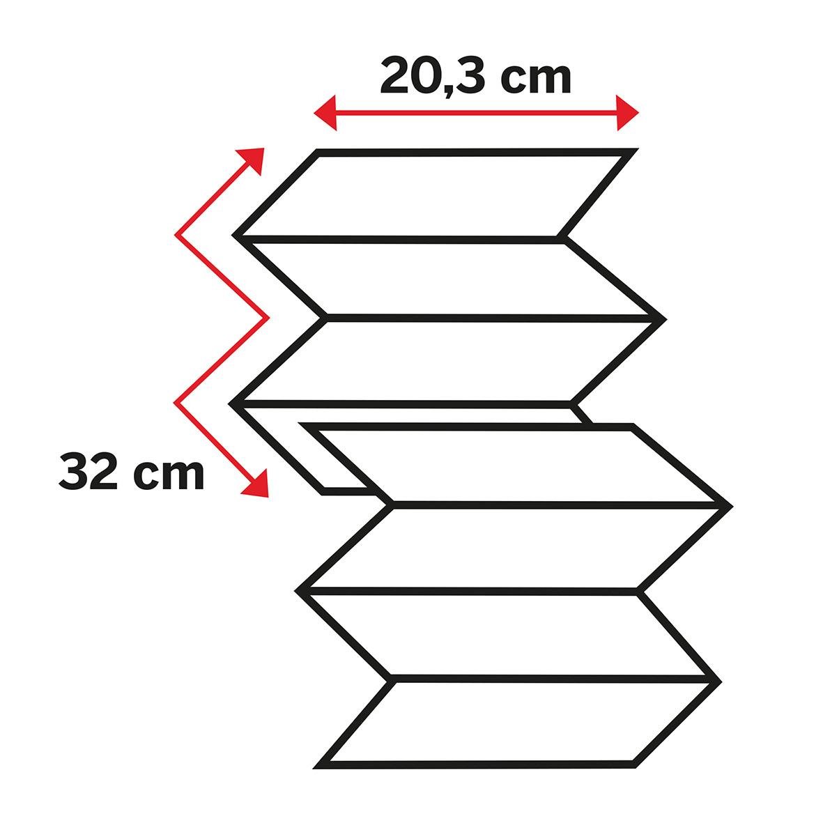 Skiss av en zigzag-formad struktur med måtten 20,3 cm bredd och 32 cm höjd