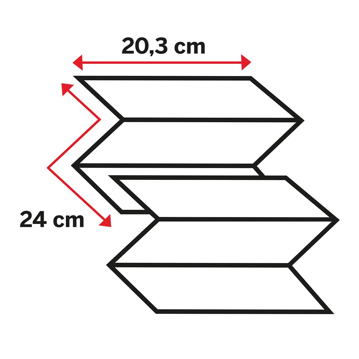 Ritning av en fläta med måtten 20,3 cm och 24 cm, visar tre sammanflätade band