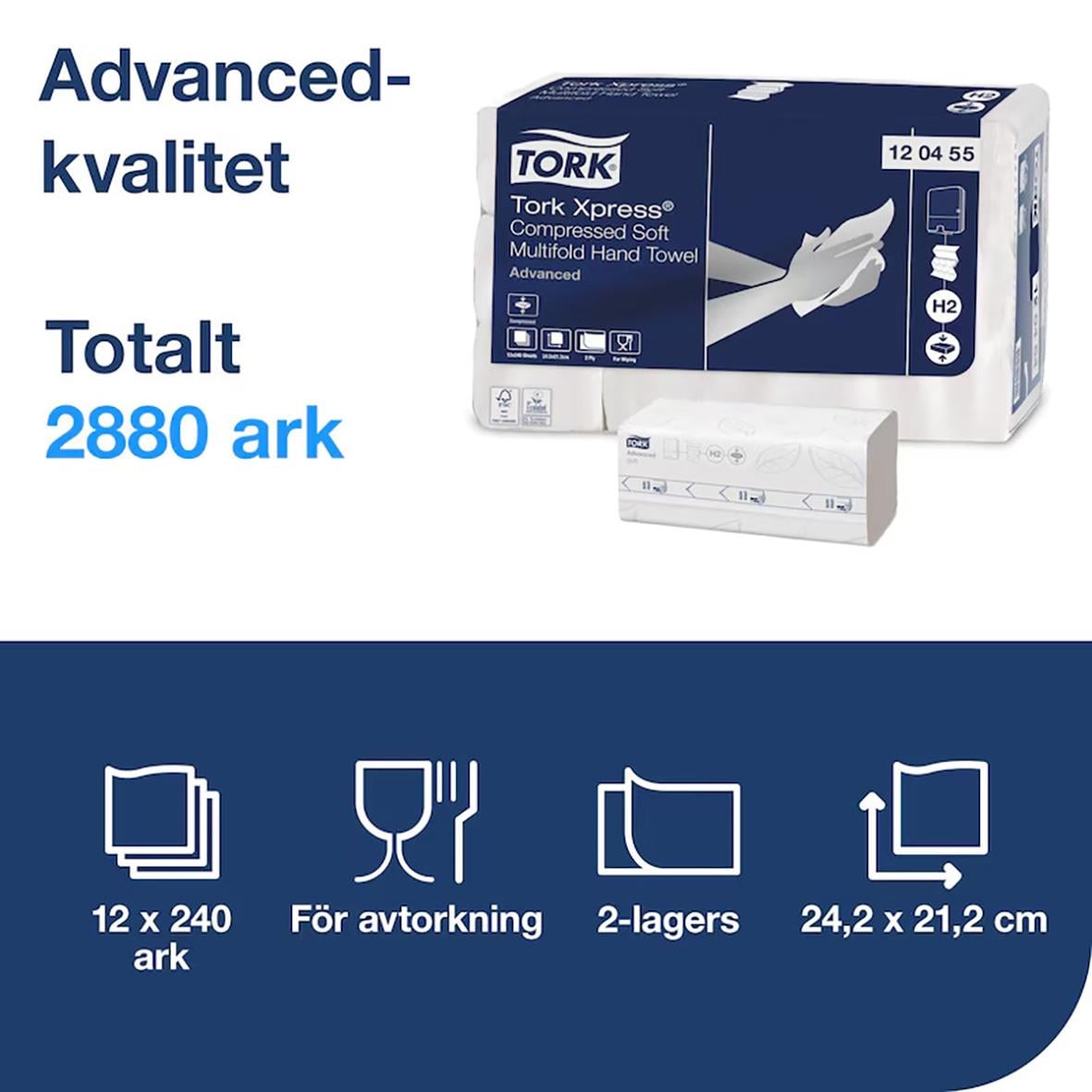 Pappershandduk Tork Xpress Advanced 2-lagers, 212x242mm, 2880 ark, för avtorkning