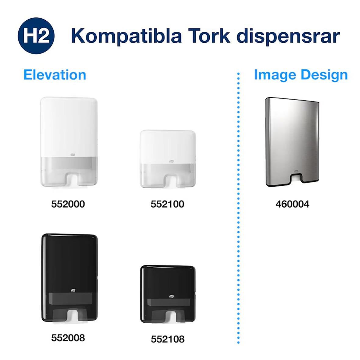 Pappershandduk Tork H2 Adv 2-lg Kompr 212x242mm visar olika dispensermodeller i vitt och svart