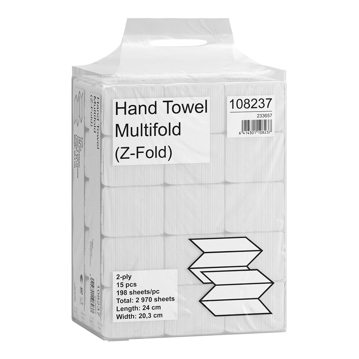 Förpackning med 15 multifold pappershanddukar i storlek 203x240mm, 2-lager, 15-pack