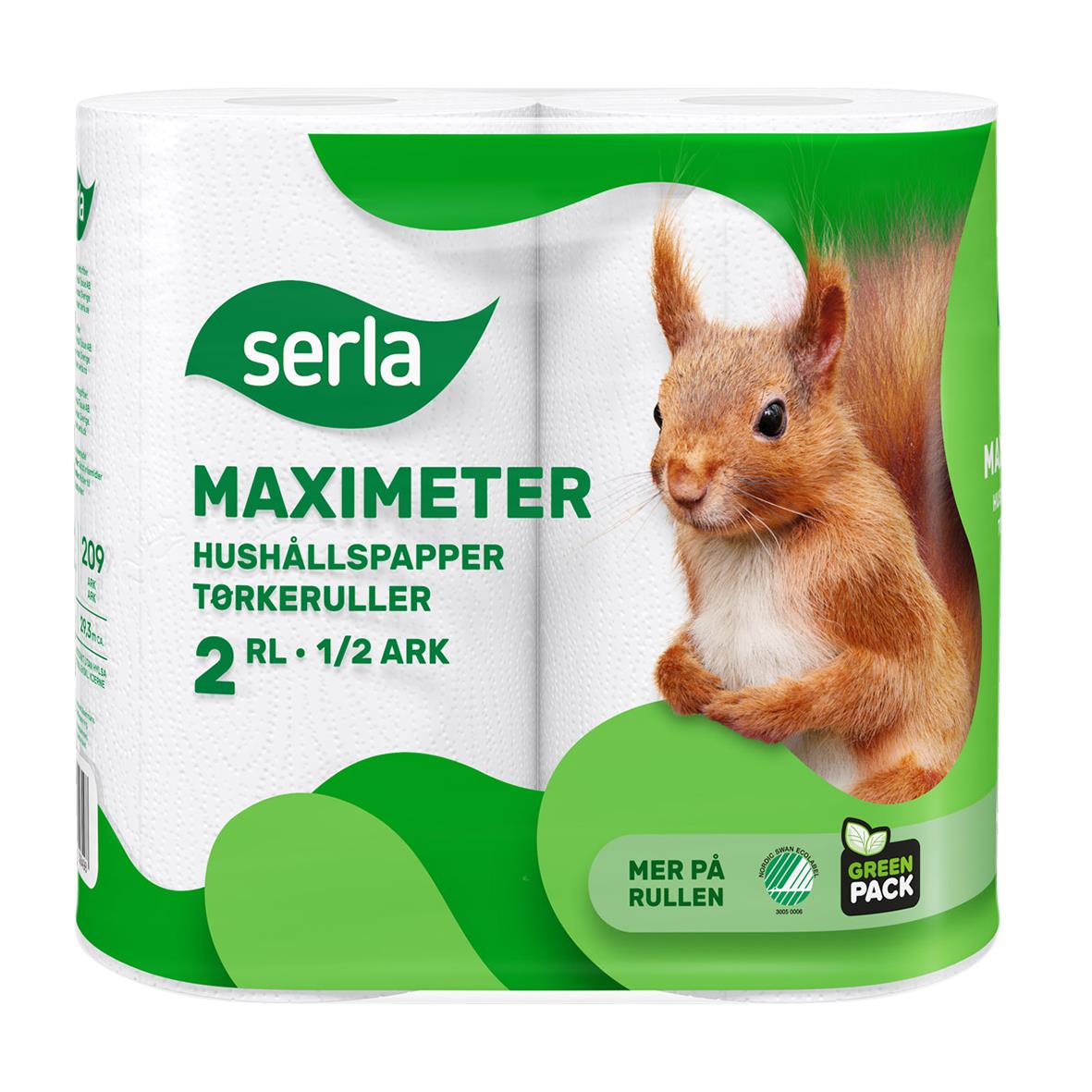 Serla Maximeter hushållspapper 2-lager, 29 meter, med grönt paket och bild av en söt liten ekorre