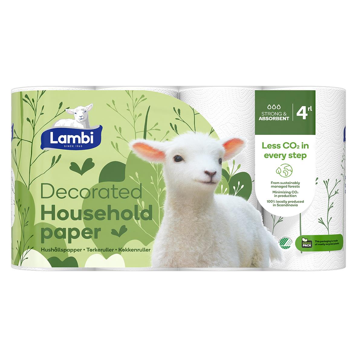 Hushållspapper Lambi Classic Dekor 3-lg Vit 13m med får och gröna blad på förpackningen