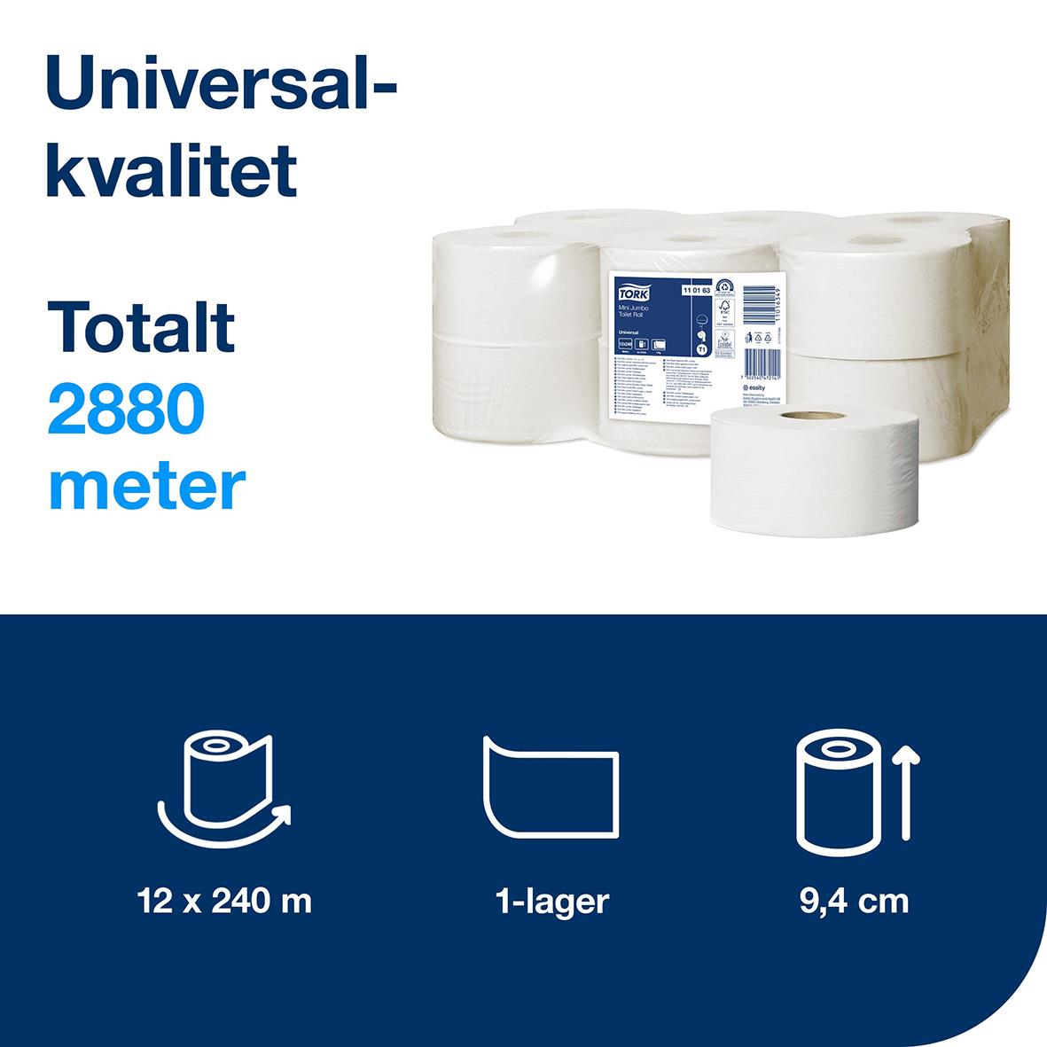 Toalettpapper Tork T2 Mini Jumbo Uni 1-lg Vit 240m, 12 rullar, 9,4 cm bredd, 1-lager