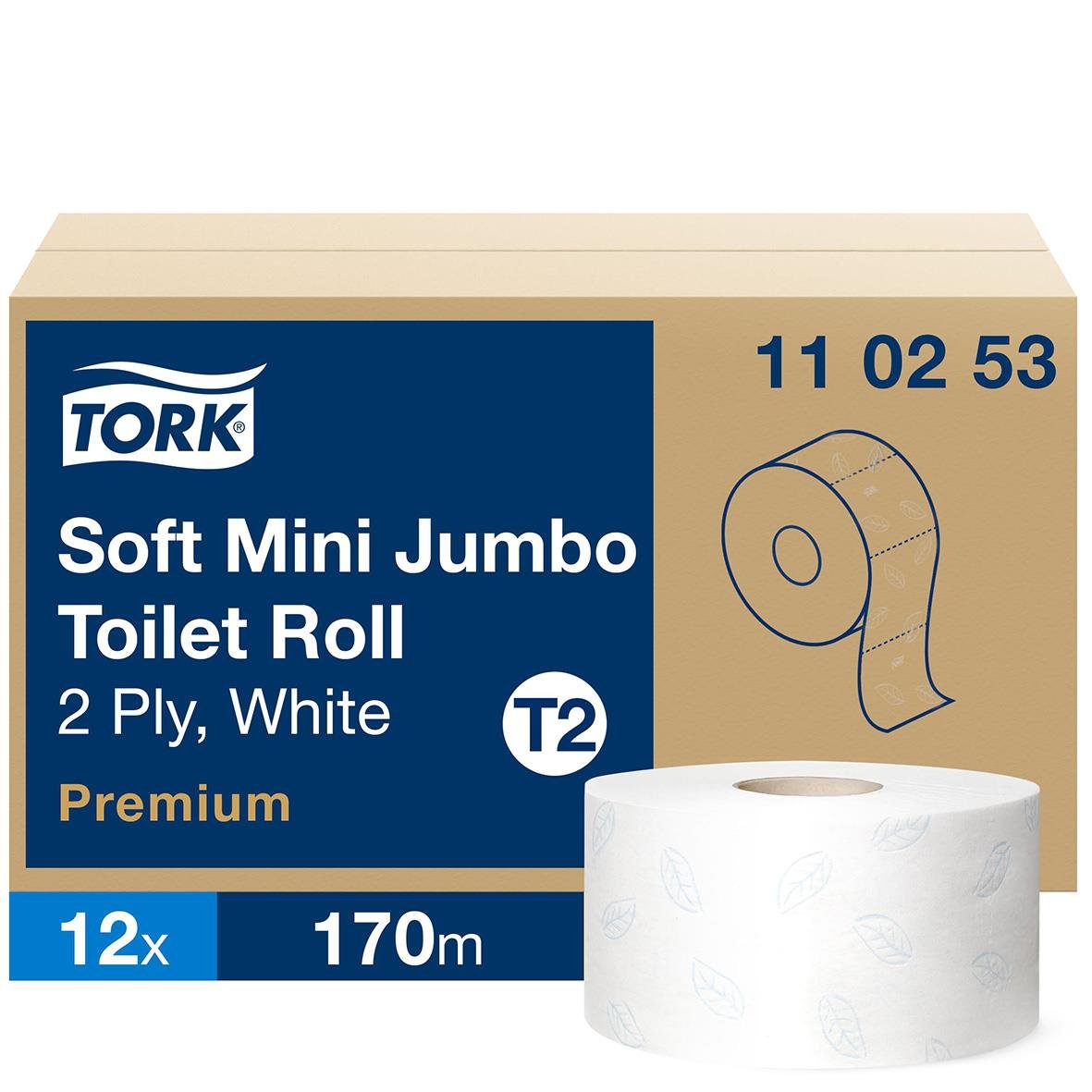 Tork T2 Mini Jumbo Prem toalettpapper 170m, 12-pack, vitt, mjuk och premium