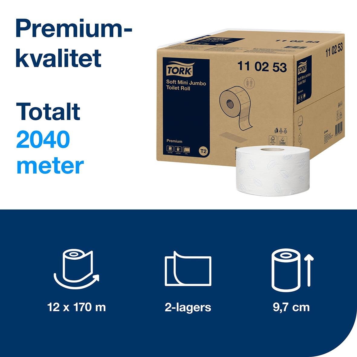 Tork T2 Mini Jumbo Prem toalettpapper i vitt, 170m per rulle, 12 rullar, 2-lagers, 9,7 cm brett