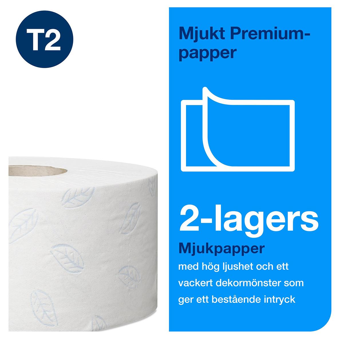 Toalettpapper Tork T2 Mini Jumbo Prem 2-lg Vit 170m, mjukt, hög ljusstyrka, dekorativa mönster, 2-lagers