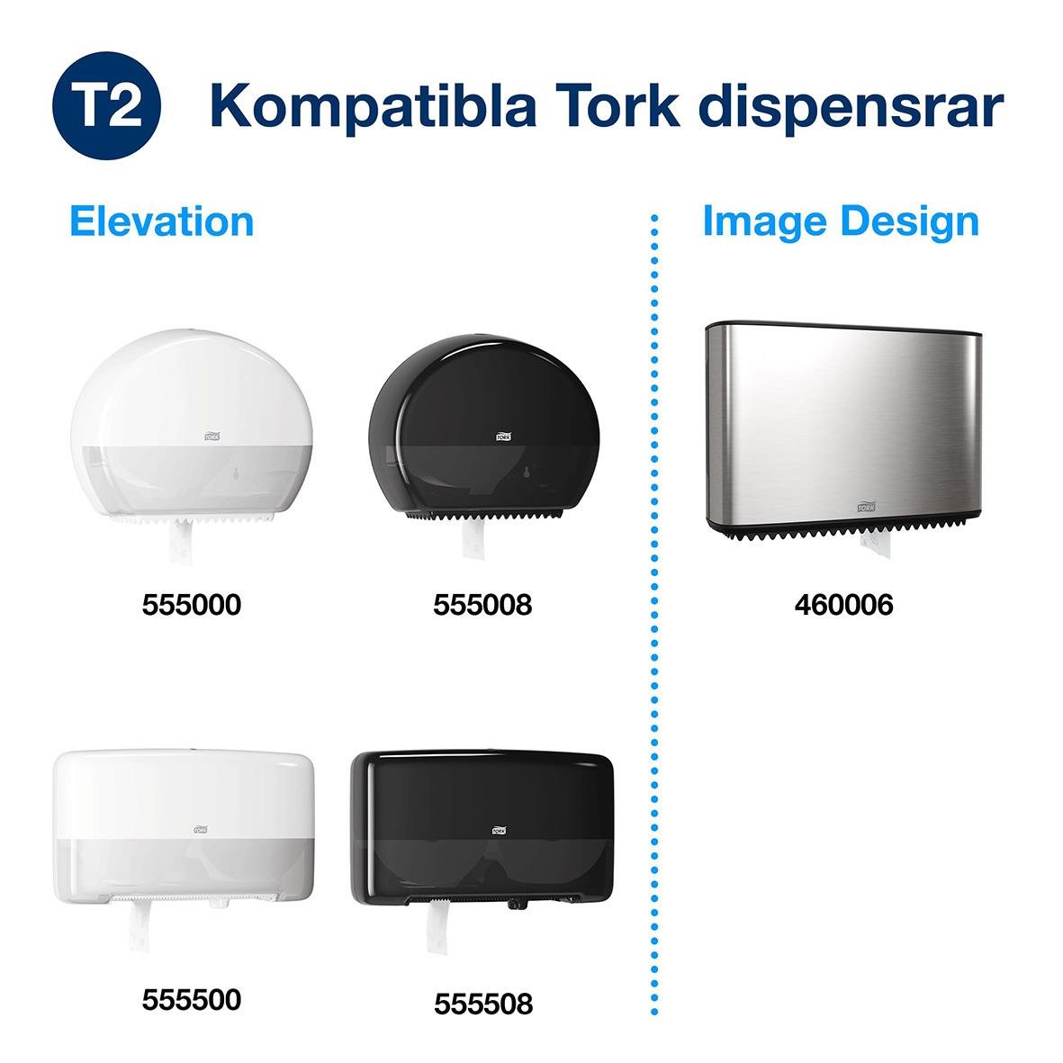 Toalettpapper Tork T2 Mini Jumbo Prem 2-lg Vit 170m, kompatibel med Tork dispensrar, olika färger och design