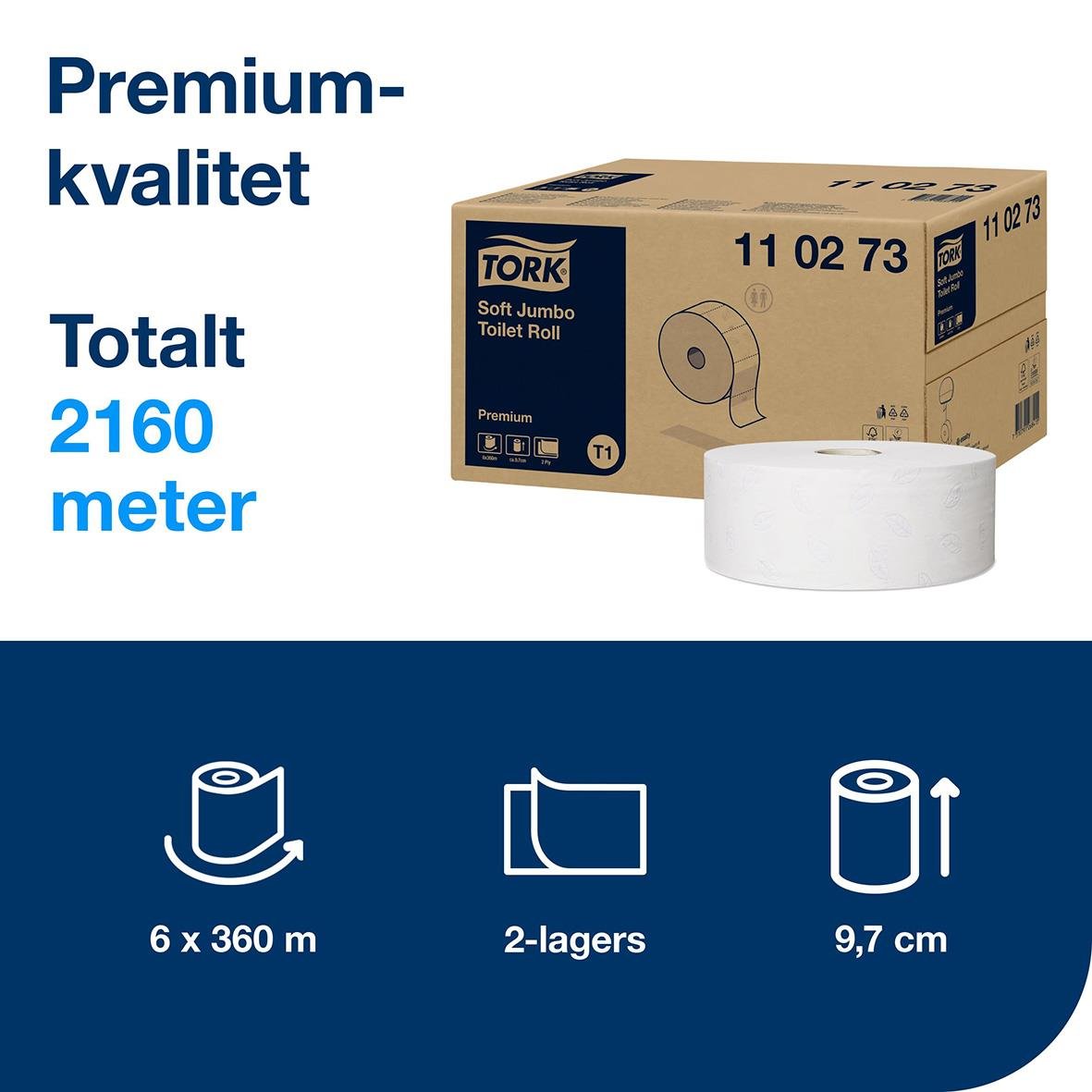 Tork T1 Jumbo Premium toalettpapper, 2-lagers, 360m per rulle, 6 rullar, vit, för toalettbruk