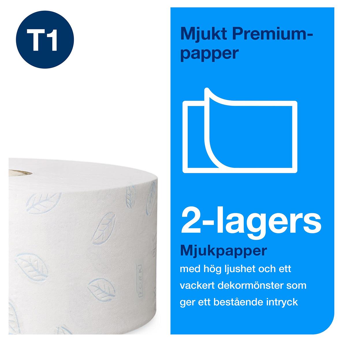 Vit Tork T1 Jumbo Premium toalettpapper, 360 meter, 2-lagers, mjukt och dekorativt