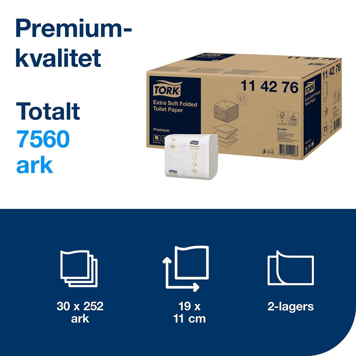 Förpackning med Tork T3 Prem Soft toalettpapper i 2-lagers, 19x11cm, 30 rullar per ark, 252 ark per rulle, vit färg