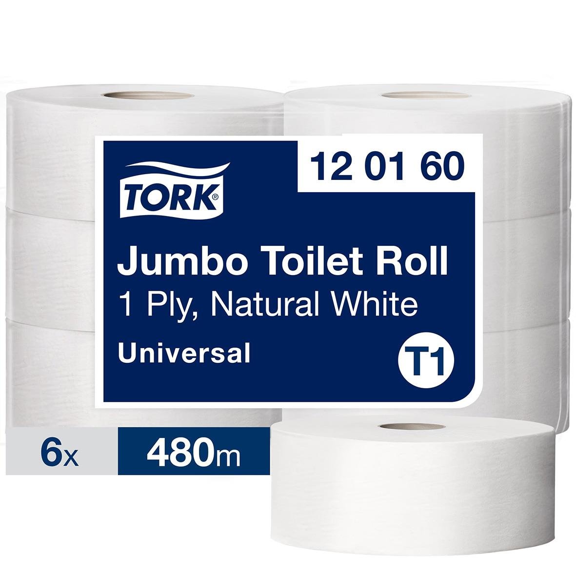 Jumbo toalettpapper Tork T1, 6 rullar, 480 meter per rulle, naturligt vitt, universal