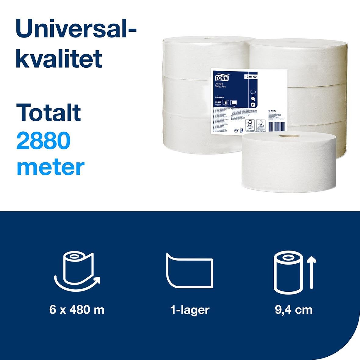 Toalettpapper Tork T1 Jumbo Universal 1-lager, 480m per rulle, 6 st, 9,4 cm brett, naturfärgad