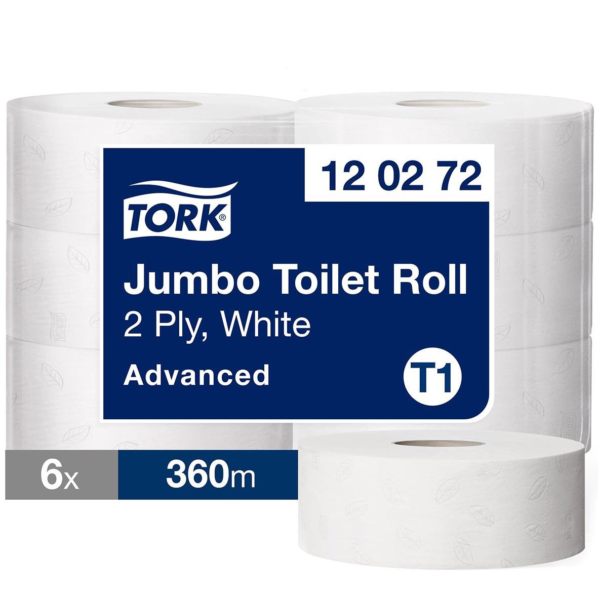 Jumbo toalettpapper Tork T1 2-lagers, vit, 360m per rulle, 6-pack