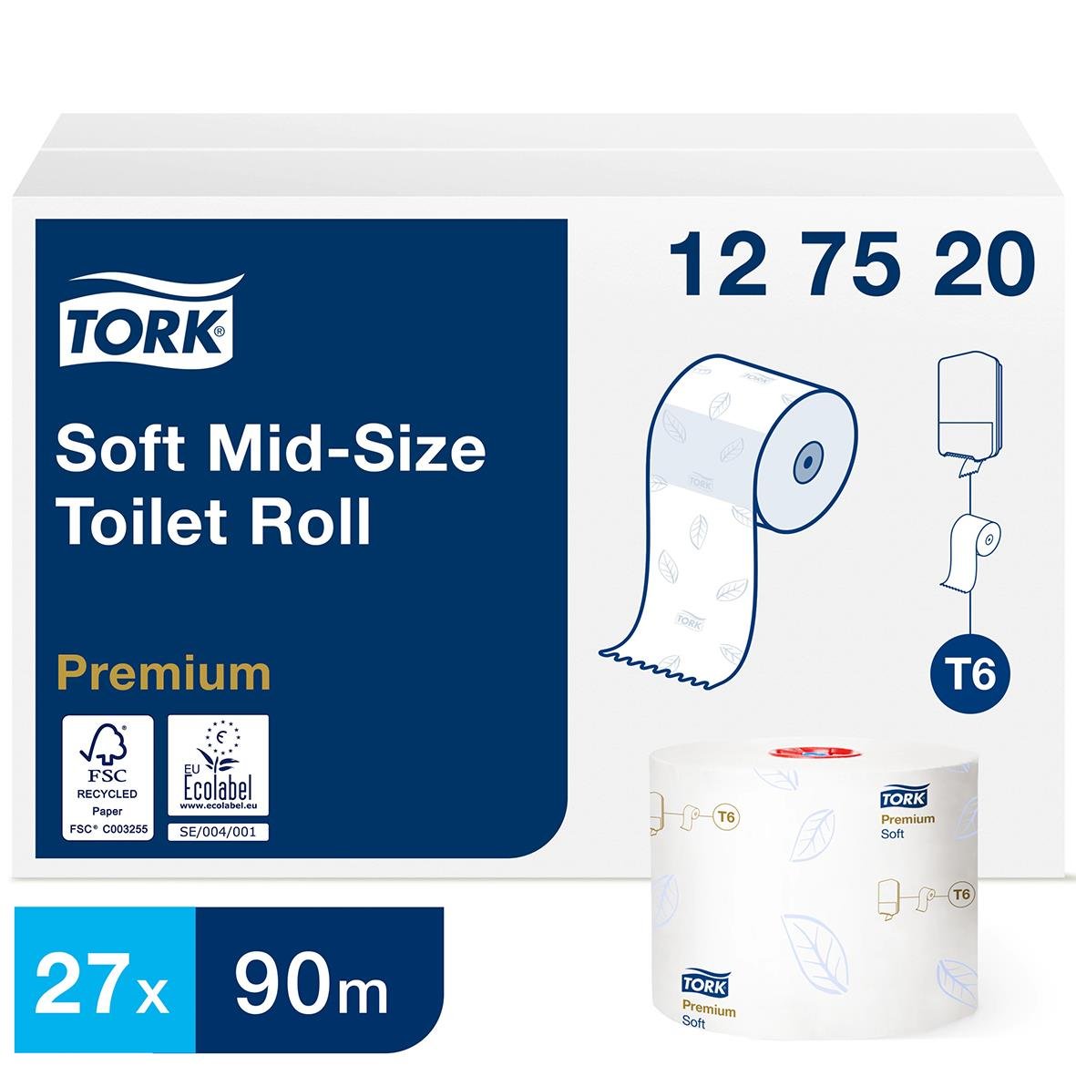 Tork T6 Premium mjukt toalettpapper 2-lagers, 90m, vit, förpackning med 27 rullar