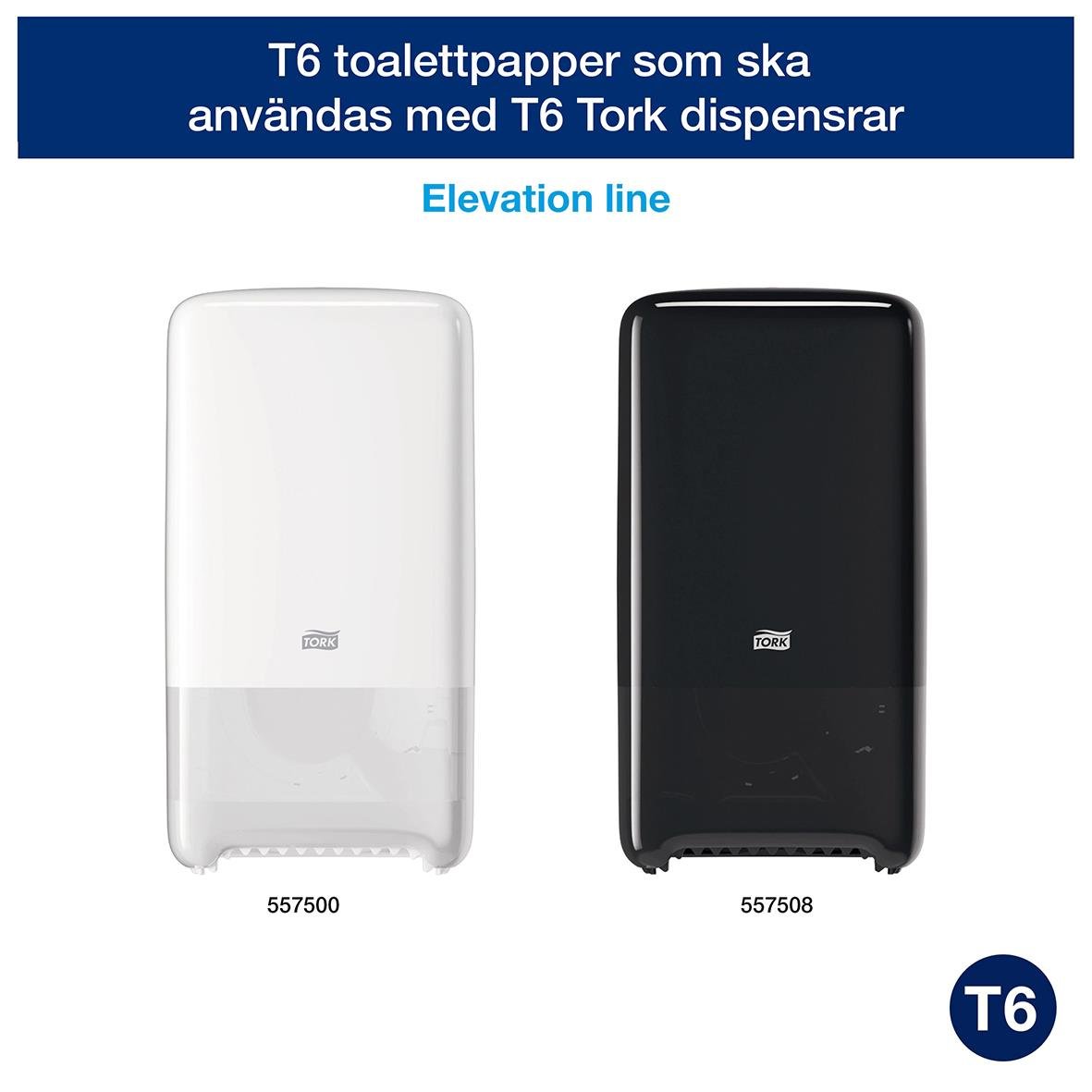 Två Tork T6 dispensrar för toalettpapper, vit och svart, med 90 meters papper