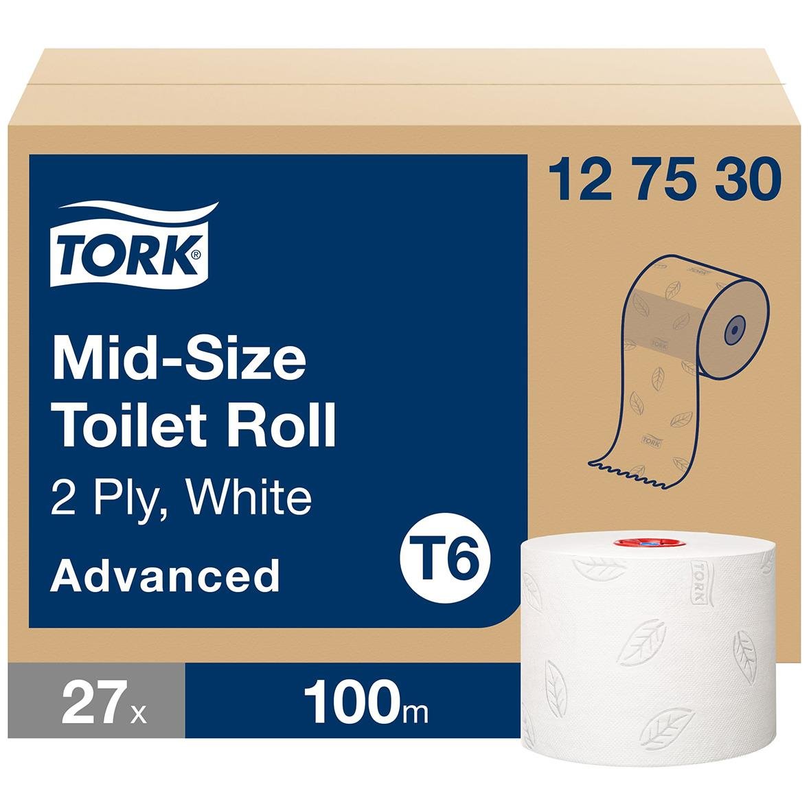 Förpackning med Tork T6 Advanced toalettpapper, 2-lagers, vit, 100 meter per rulle, 27 rullar