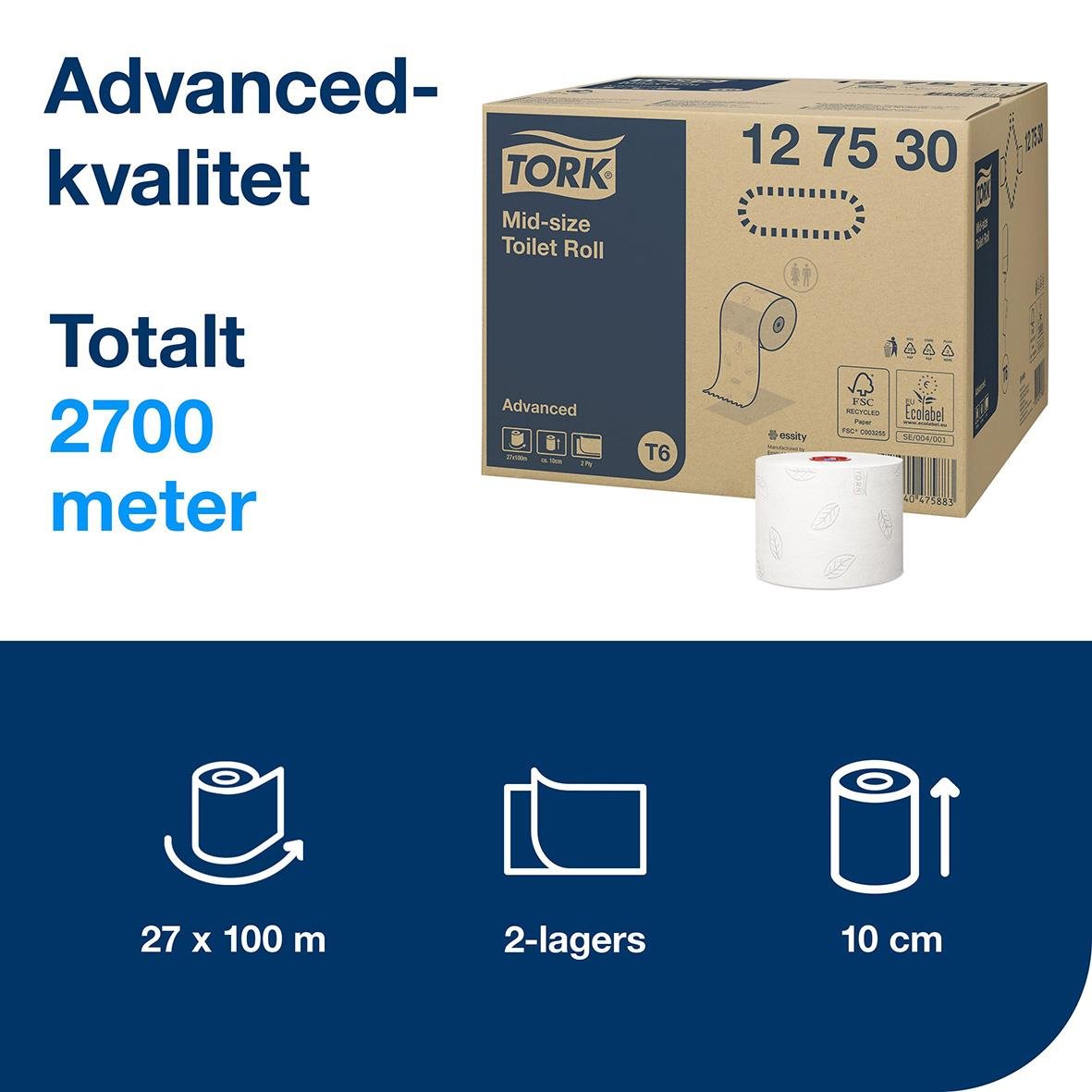 Tork T6 Advanced toalettpapper i kartong, 2-lagers, 100 m per rulle, 27 rullar, vit, 10 cm brett