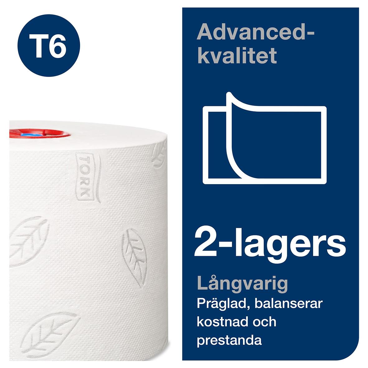 Toalettpapper Tork T6 Advanced 2-lagers vit 100m, långvarig, fördelar, balanserar kostnad och prestanda